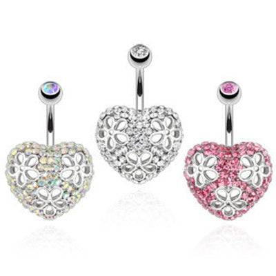 Surgical Steel Pave Floral Heart CZ Gem Belly Button Navel Ring - Pierced Universe