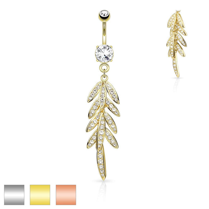 Surgical Steel Pave Leaf Dangling Belly Button Ring - Pierced Universe