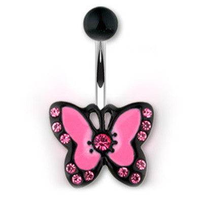 Surgical Steel Pink & Black CZ Gem Butterfly Belly Button Navel Ring - Pierced Universe