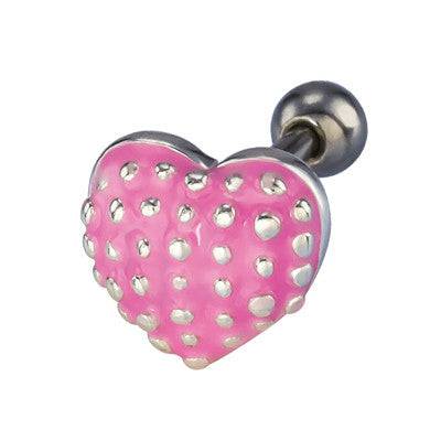 Surgical Steel Pink Enamel Steel Studded Heart Stud Cartilage Ring with Ball End - Pierced Universe
