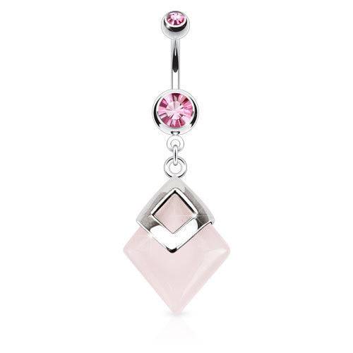 Surgical Steel Pink Rose Quartz Semi Precious Organic Stone Belly Button Navel Ring Dangle - Pierced Universe