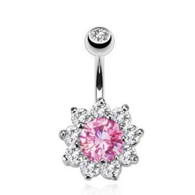 Surgical Steel Pink & White CZ Gem Flower Belly Button Navel Ring - Pierced Universe