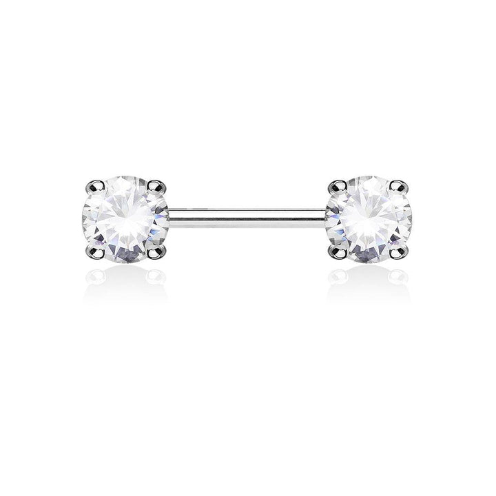 Surgical Steel Prong Double Round White CZ Nipple Ring Barbell - Pierced Universe