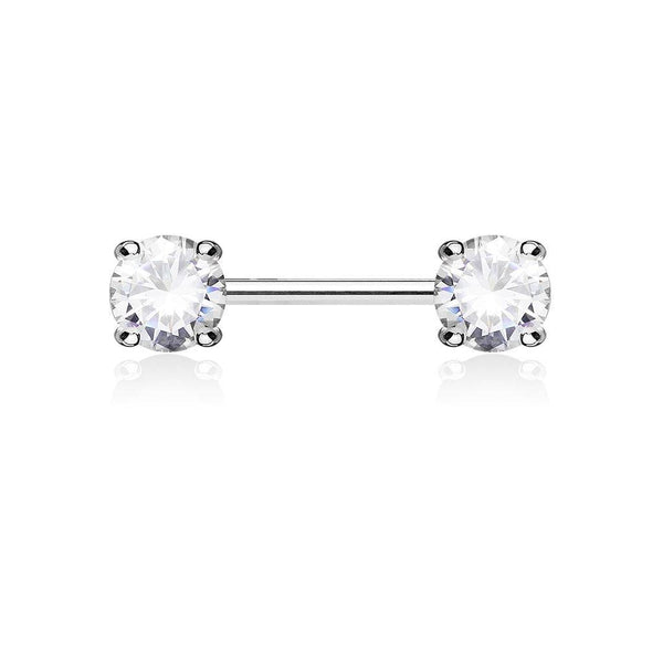 Surgical Steel Prong Double Round White CZ Nipple Ring Barbell - Pierced Universe