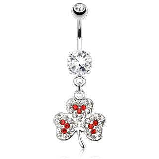 Surgical Steel Red and White Paved Gem Clover Leaf Dangle Belly Ring - Pierced Universe