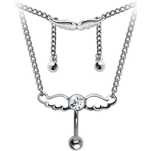 Surgical Steel Reverse Top Down Back Belly Ring Chain With White CZ Crystal Wings - Pierced Universe