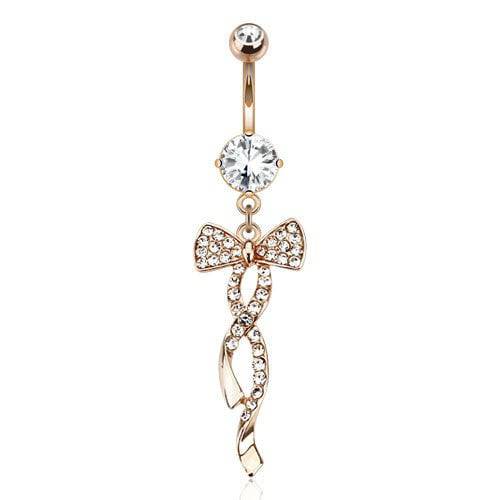 Surgical Steel Rose Gold Plated Dangling Gemmed Swirl Ribbon Belly Button Navel Ring - Pierced Universe