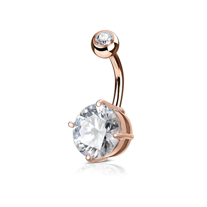 Surgical Steel Rose Gold Plated Prong White CZ Classic Belly Button Ring - Pierced Universe