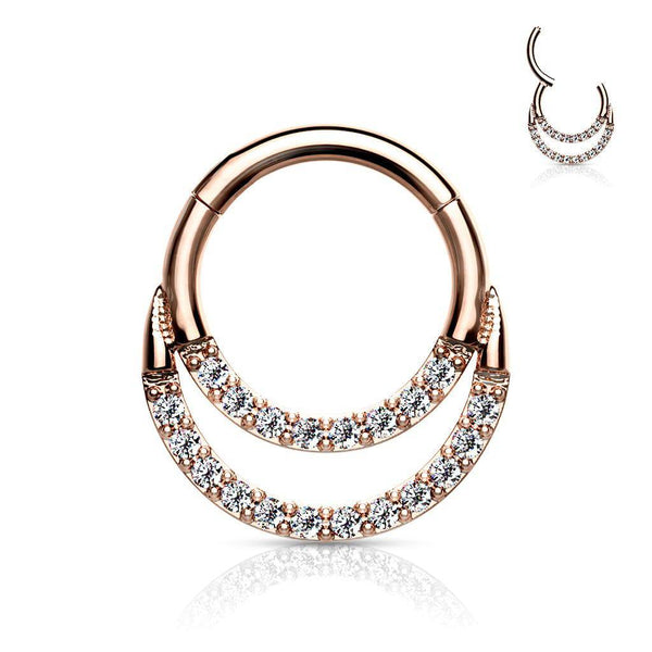 Surgical Steel Rose Gold PVD Double Line White CZ Hinged Easy Click Septum Ring - Pierced Universe