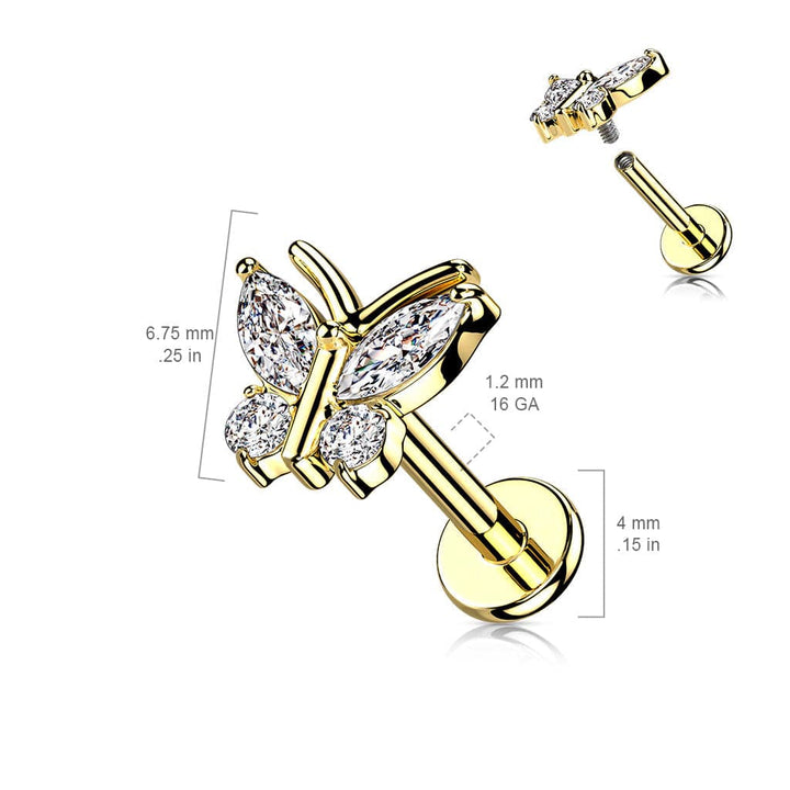 Surgical Steel Rose Gold PVD Internally Threaded White CZ Gem Butterfly Flat Back Labret - Pierced Universe