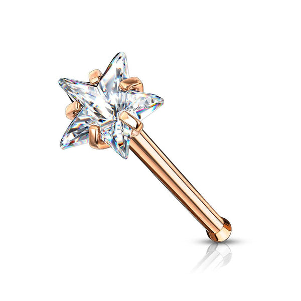 Surgical Steel Rose Gold PVD White CZ Star Ball End Nose Ring Stud - Pierced Universe