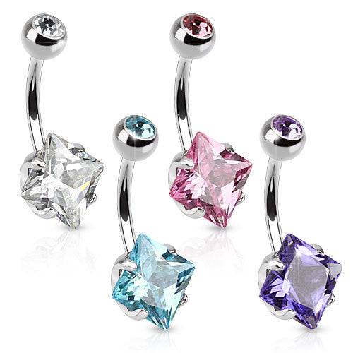Surgical Steel Square CZ Gem Prong Stone Belly Button Navel Ring Bar - Pierced Universe