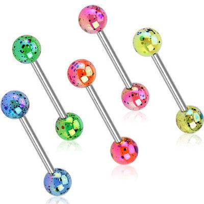 Surgical Steel Tongue Ring Straight Barbell Bar with Acrylic Splash Metallic Balls - Pierced Universe