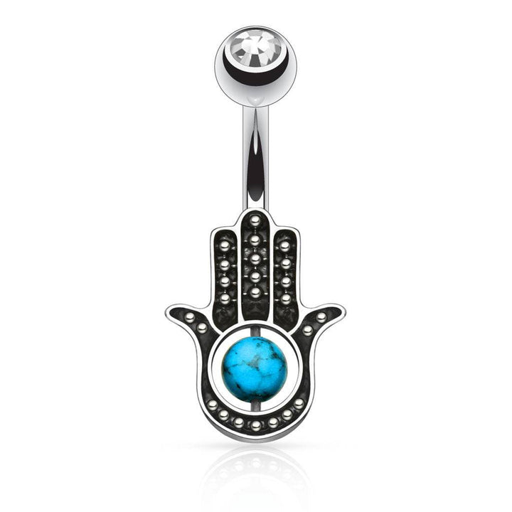 Surgical Steel Turquoise Palm Hamsa Hand of Fatima Belly Button Navel Ring - Pierced Universe