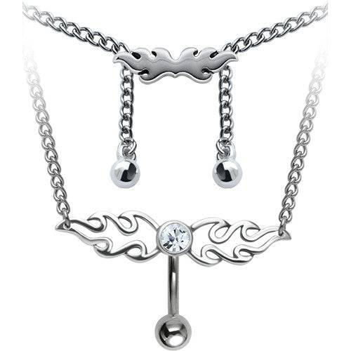 Surgical Steel White CZ Crystal Tribal Reverse Top Down Belly Ring Back Chain - Pierced Universe