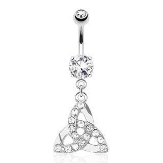 Surgical Steel White CZ Gem Paved Celtic Knot Belly Button Dangling Belly Ring - Pierced Universe