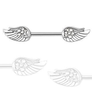 Surgical Steel White Flower with Full Angel Wings CZ Nipple Ring Barbell - Pierced Universe