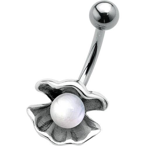Surgical Steel White Pearl Clam Shell Belly Button Navel Ring - Pierced Universe