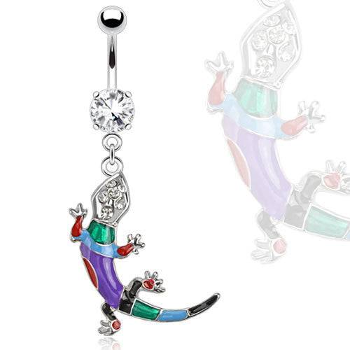 Surgical Steel Wild Multi Color Gecko Lizard Dangle Belly Button Navel Ring - Pierced Universe