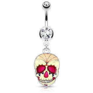 Surgical Steel Yellow Sugar Skull Belly Button Dangling Navel Ring - Pierced Universe