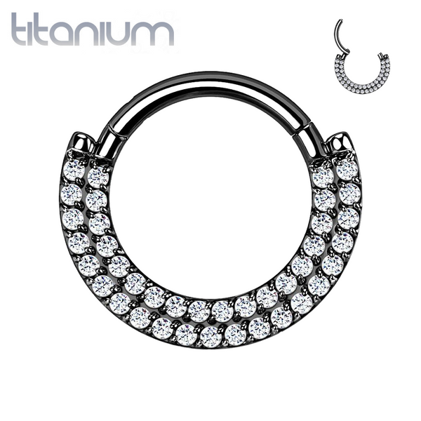 Implant Grade Titanium Black PVD Double Row White CZ Pave Daith Ring Clicker Hoop - Pierced Universe