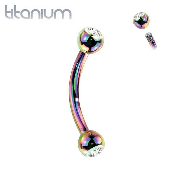 Implant Grade Titanium Rainbow PVD Curved Barbell With White CZ Gem - Pierced Universe