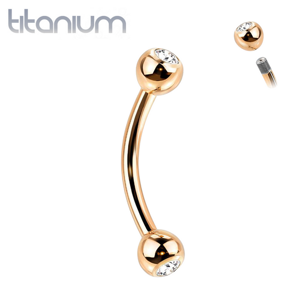 Implant Grade Titanium Rose Gold PVD Curved Barbell With White CZ Gem - Pierced Universe