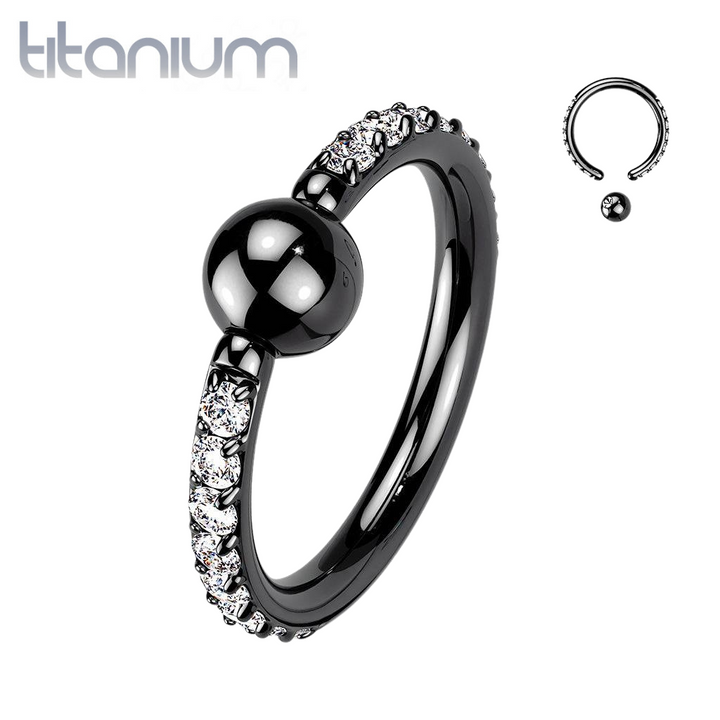 Implant Grade Titanium Black PVD White CZ Pave CBR Hoop Ring - Pierced Universe