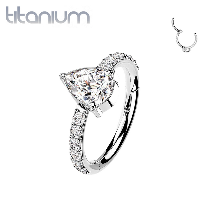 Implant Grade Titanium White CZ With Pear Shaped Center Hinged Clicker Hoop - Pierced Universe