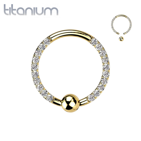 Implant Grade Titanium Gold PVD Front Facing White CZ Pave CBR Hoop Ring - Pierced Universe