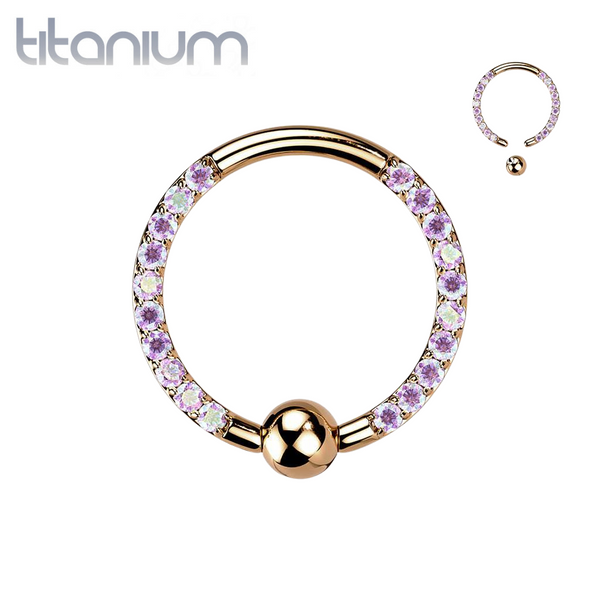 Implant Grade Titanium Rose Gold PVD Front Facing AB CZ Pave CBR Hoop Ring - Pierced Universe