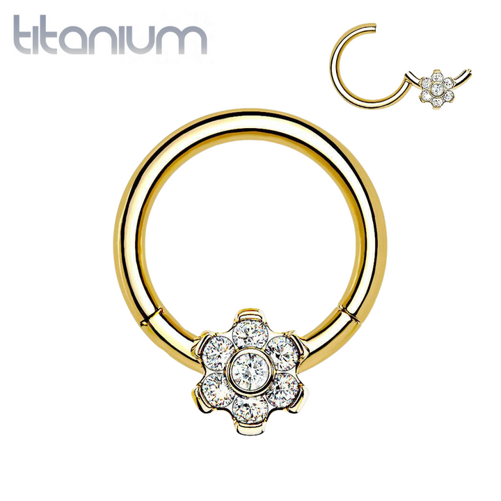 Implant Grade Titanium Gold PVD White CZ Gem Flower Hinged Clicker Hoop - Pierced Universe