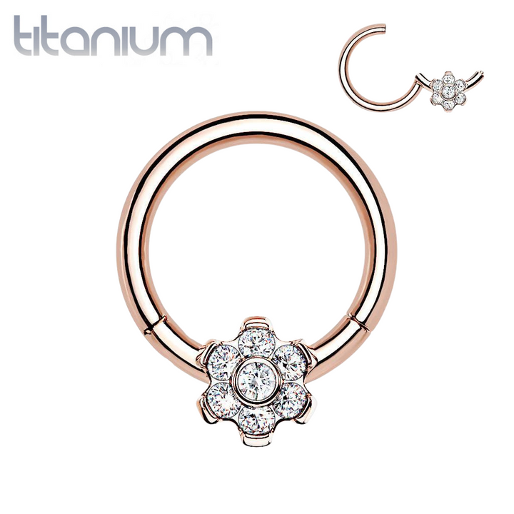 Implant Grade Titanium Rose Gold PVD White CZ Gem Flower Hinged Clicker Hoop - Pierced Universe