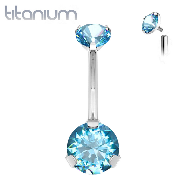 Implant Grade Titanium Internally Threaded Aqua CZ Prong Belly Button Navel Ring - Pierced Universe