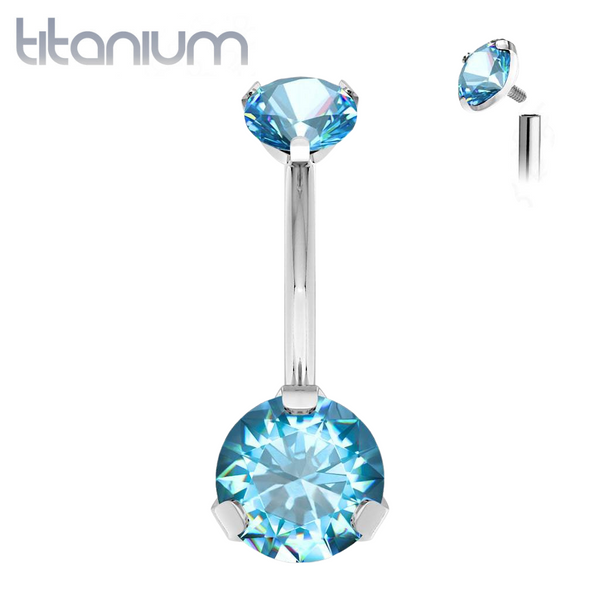 Implant Grade Titanium Internally Threaded Aqua CZ Prong Belly Button Navel Ring Implant Grade Titanium Internally Threaded Aqua CZ Prong Belly Button Navel Ring