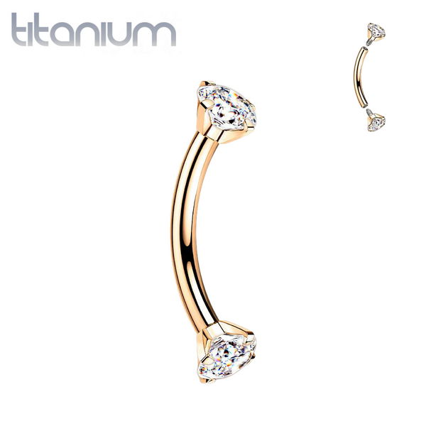 Implant Grade Titanium Rose Gold PVD Curved Barbell Internally Threaded White CZ - Pierced Universe