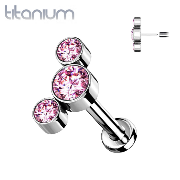 Implant Grade Titanium Threadless Push In Tragus/Cartilage Triple Curved Pink CZ Gems With Flat Back - Pierced Universe
