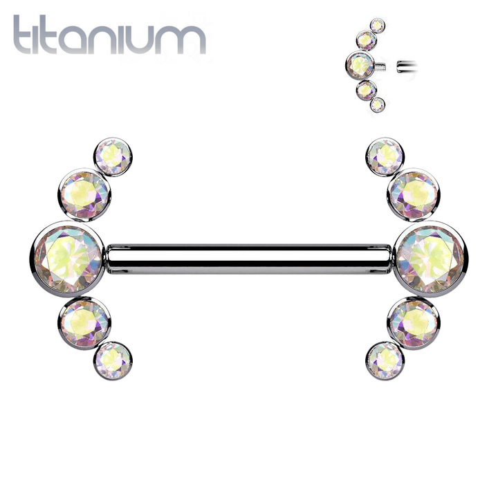 Implant Grade Titanium Internally Threaded Aurora Borealis 5 Bezel CZ Gem Nipple Ring - Pierced Universe