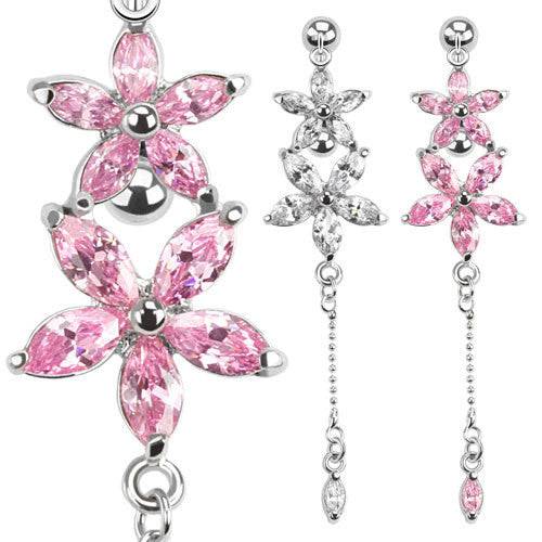 Top Side Down CZ Flower Reverse Surgical Steel Belly Button Navel Ring - Pierced Universe