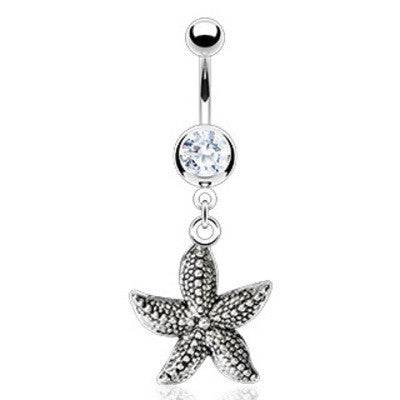 Vintage Antique Starfish CZ Dangle Surgical Steel Belly Button Navel Ring - Pierced Universe