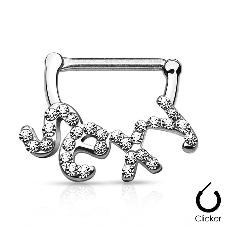 White CZ Paved "Sexy" 316L Surgical Steel Nipple Clickers Ring Shield - Pierced Universe