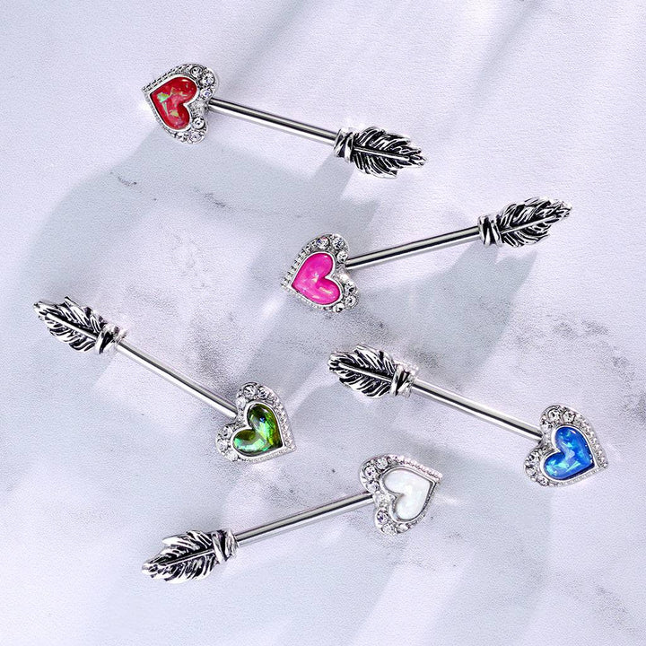 White Opal Heart & Feather Arrow Surgical Steel Nipple Ring Barbell - Pierced Universe