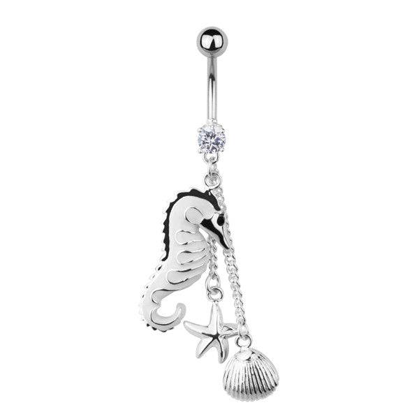 White Sea Horse with Dangling Starfish Belly Button Navel Ring - Pierced Universe