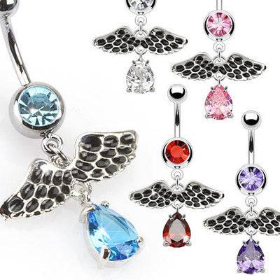 Wings with Teardrop Dangle Surgical Steel Belly Button Navel Ring - Pierced Universe